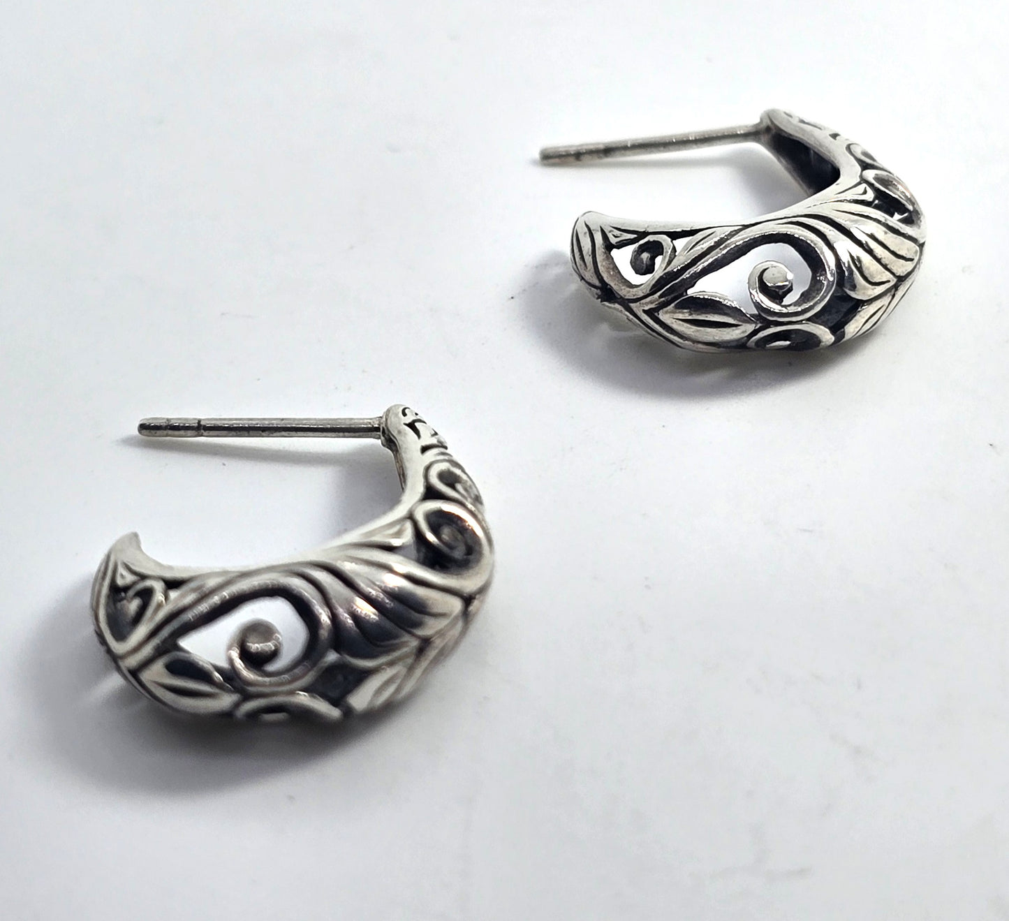 Scroll heart open work half hoop vintage sterling silver post earrings