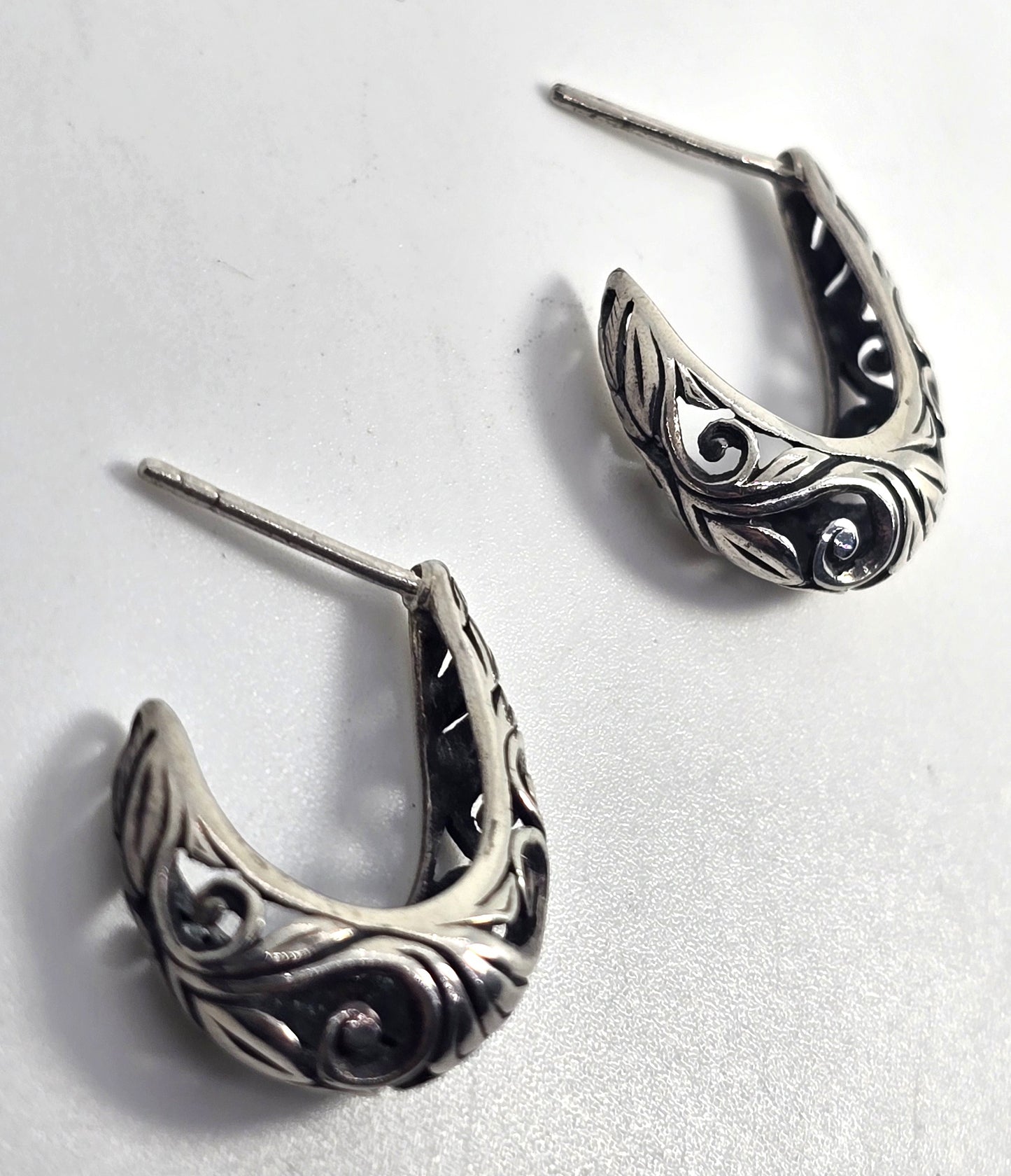 Scroll heart open work half hoop vintage sterling silver post earrings