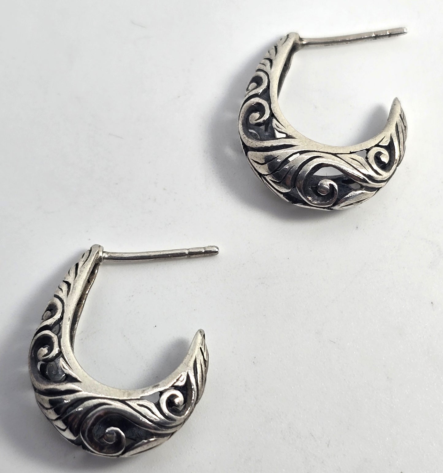 Scroll heart open work half hoop vintage sterling silver post earrings
