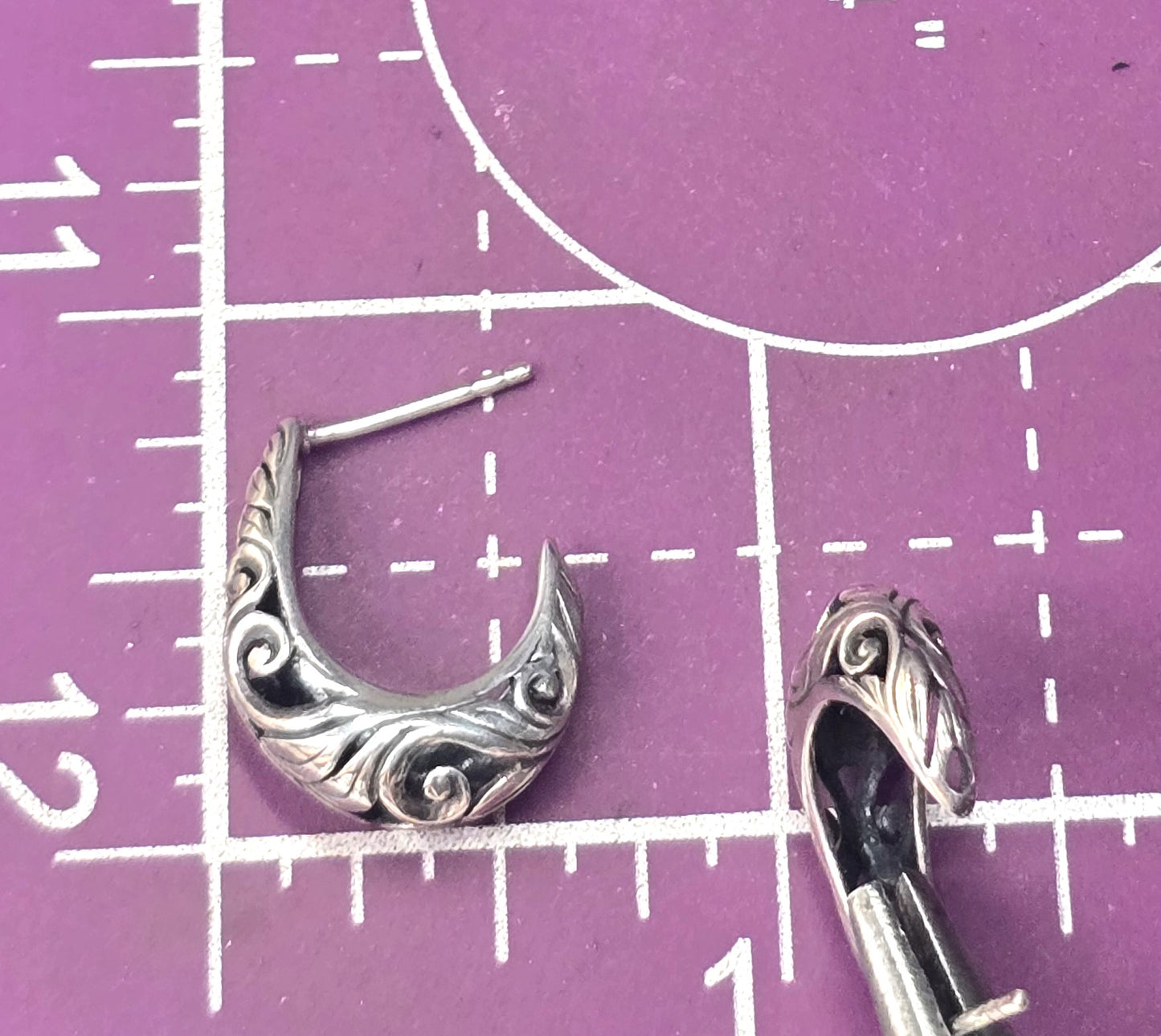 Scroll heart open work half hoop vintage sterling silver post earrings