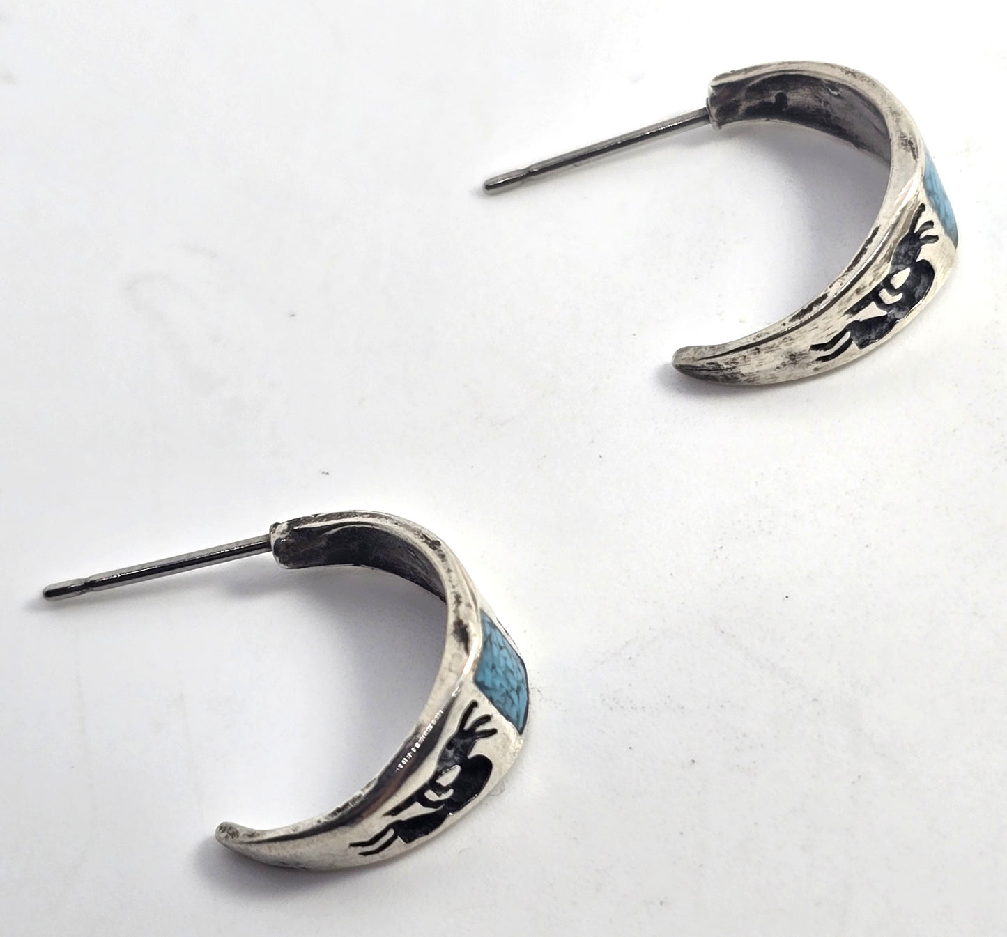 Kokopelli crushed turquoise vintage sterling silver half hoop post earrings