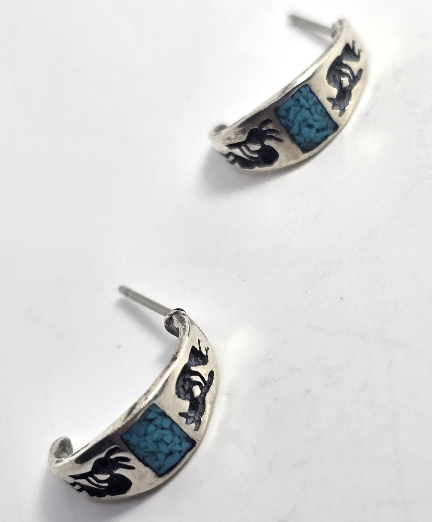 Kokopelli crushed turquoise vintage sterling silver half hoop post earrings