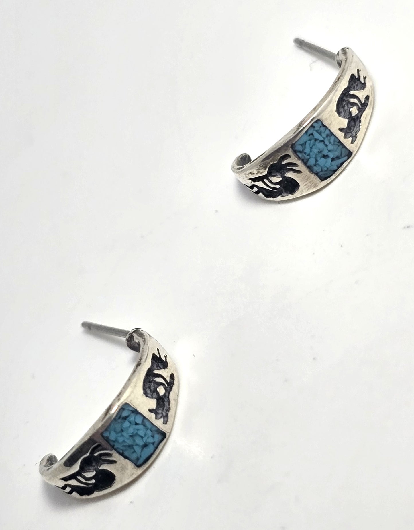 Kokopelli crushed turquoise vintage sterling silver half hoop post earrings