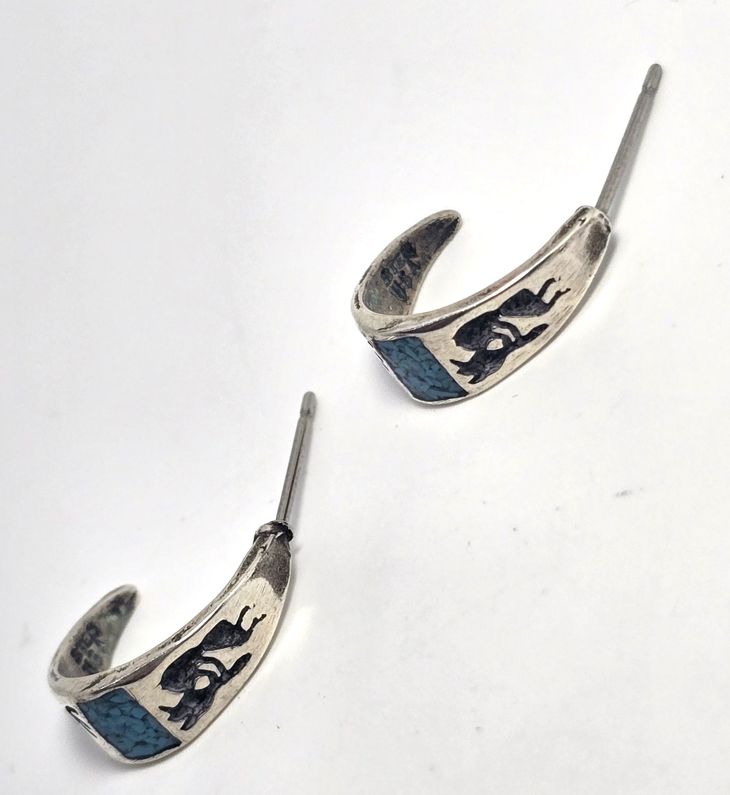 Kokopelli crushed turquoise vintage sterling silver half hoop post earrings