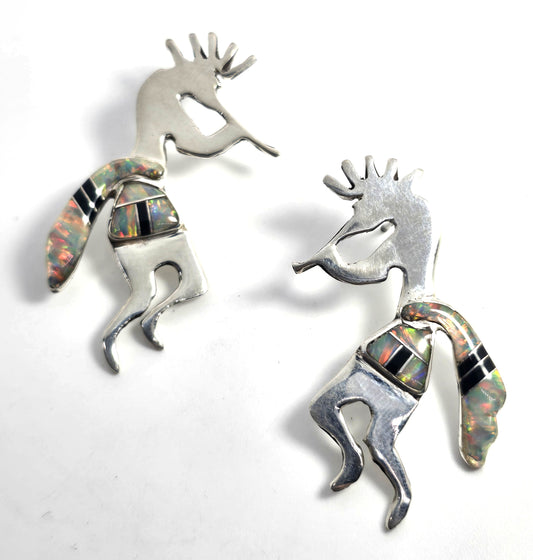 Navajo Kokopelli Vintage Sterling Silver fire opal jet inlay post earrings