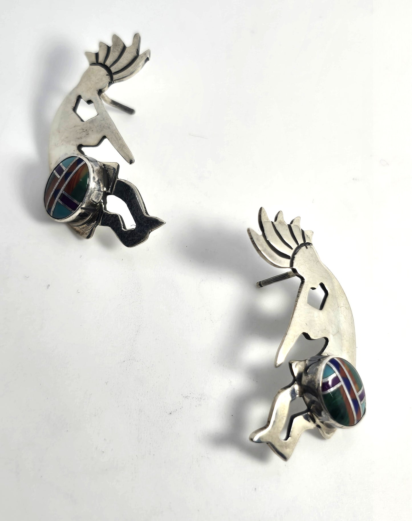 Navajo Fannie Platero Kokopelli Vintage Sterling Silver multi gemstone inlay earrings