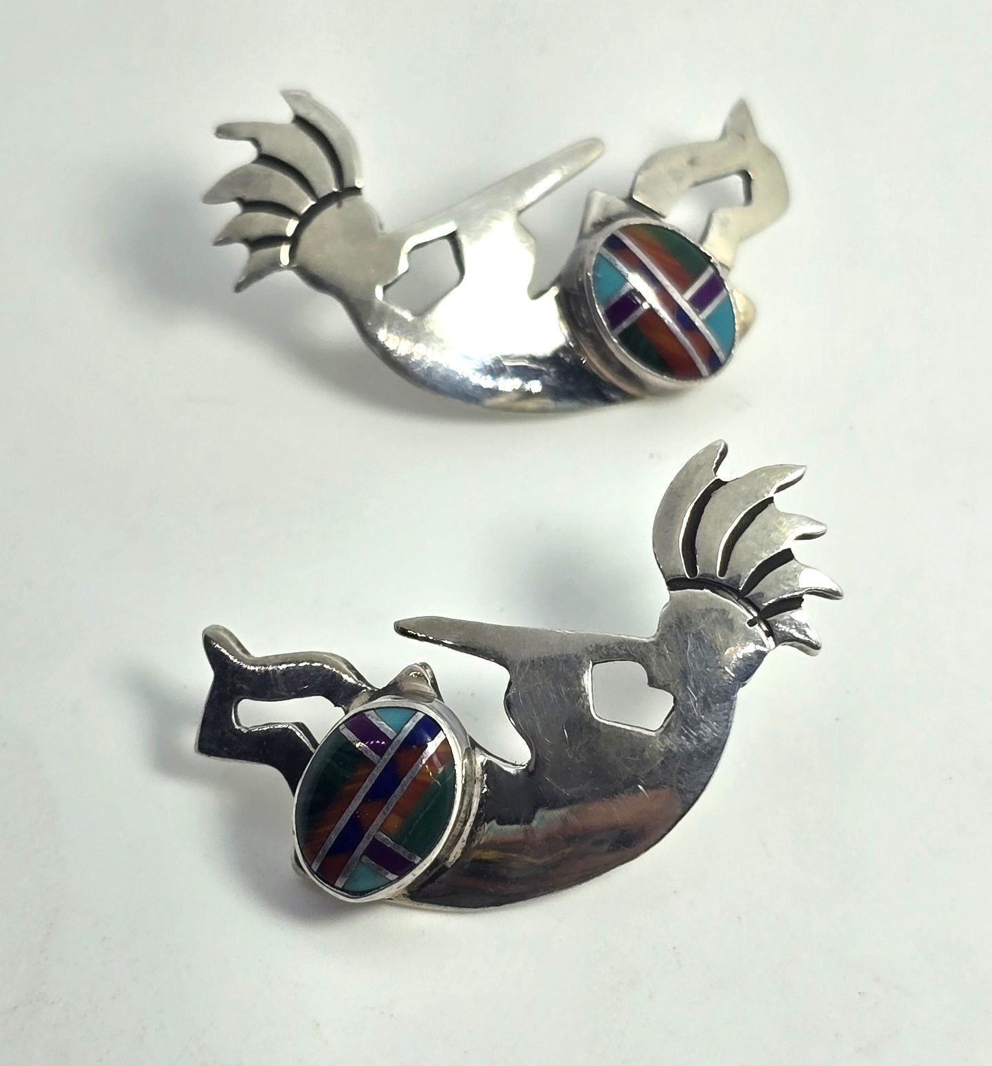Navajo Fannie Platero Kokopelli Vintage Sterling Silver multi gemstone inlay earrings