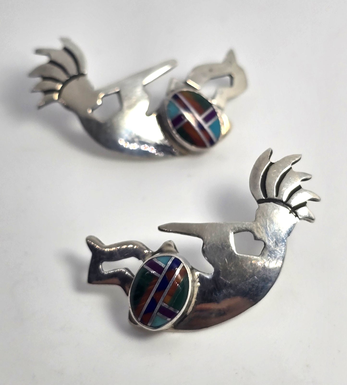 Navajo Fannie Platero Kokopelli Vintage Sterling Silver multi gemstone inlay earrings