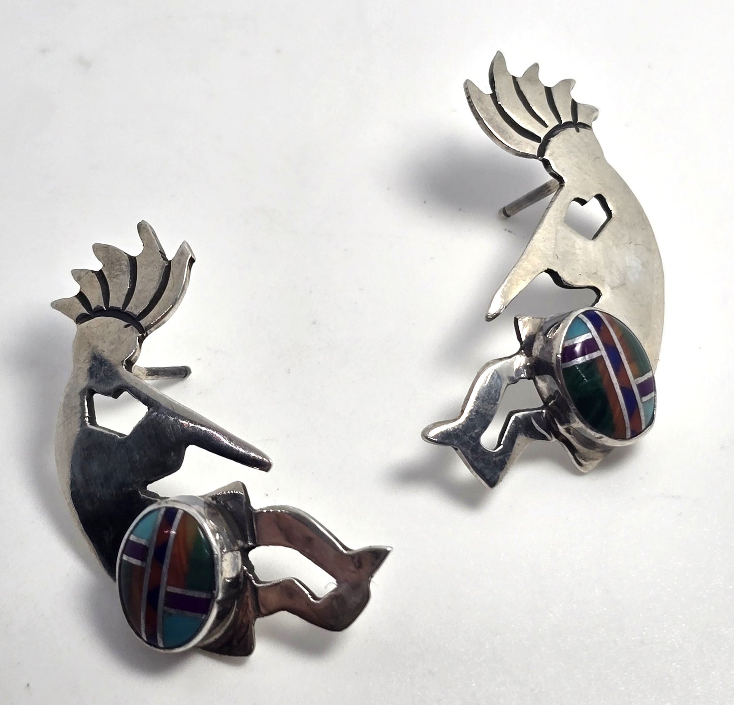 Navajo Fannie Platero Kokopelli Vintage Sterling Silver multi gemstone inlay earrings