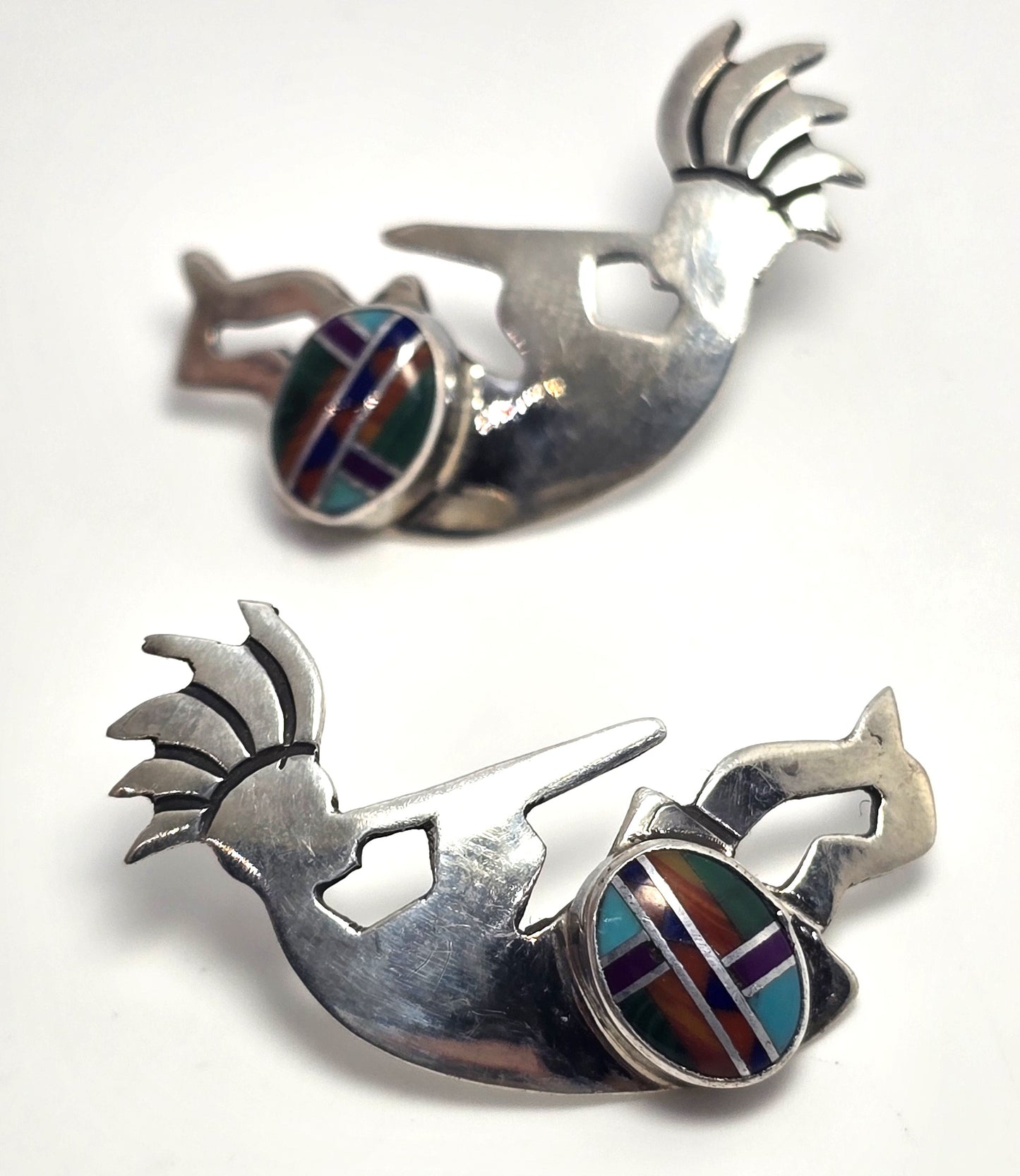 Navajo Fannie Platero Kokopelli Vintage Sterling Silver multi gemstone inlay earrings