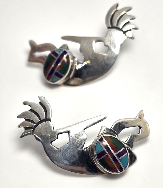 Navajo Fannie Platero Kokopelli Vintage Sterling Silver multi gemstone inlay earrings
