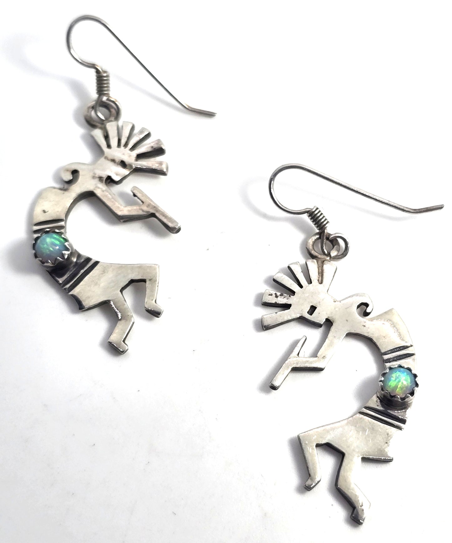 Navajo Kokopelli Vintage Sterling Silver genuine fire opal drop earrings