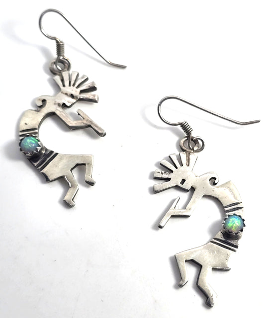 Navajo Kokopelli Vintage Sterling Silver genuine fire opal drop earrings