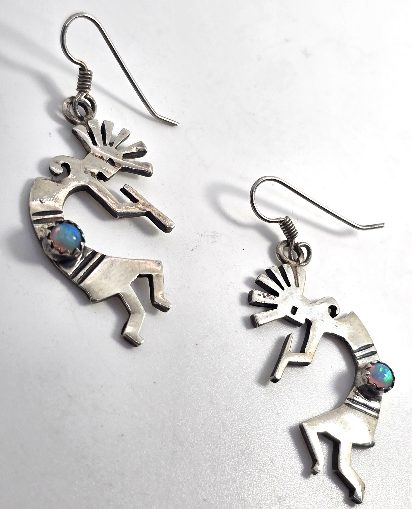 Navajo Kokopelli Vintage Sterling Silver genuine fire opal drop earrings