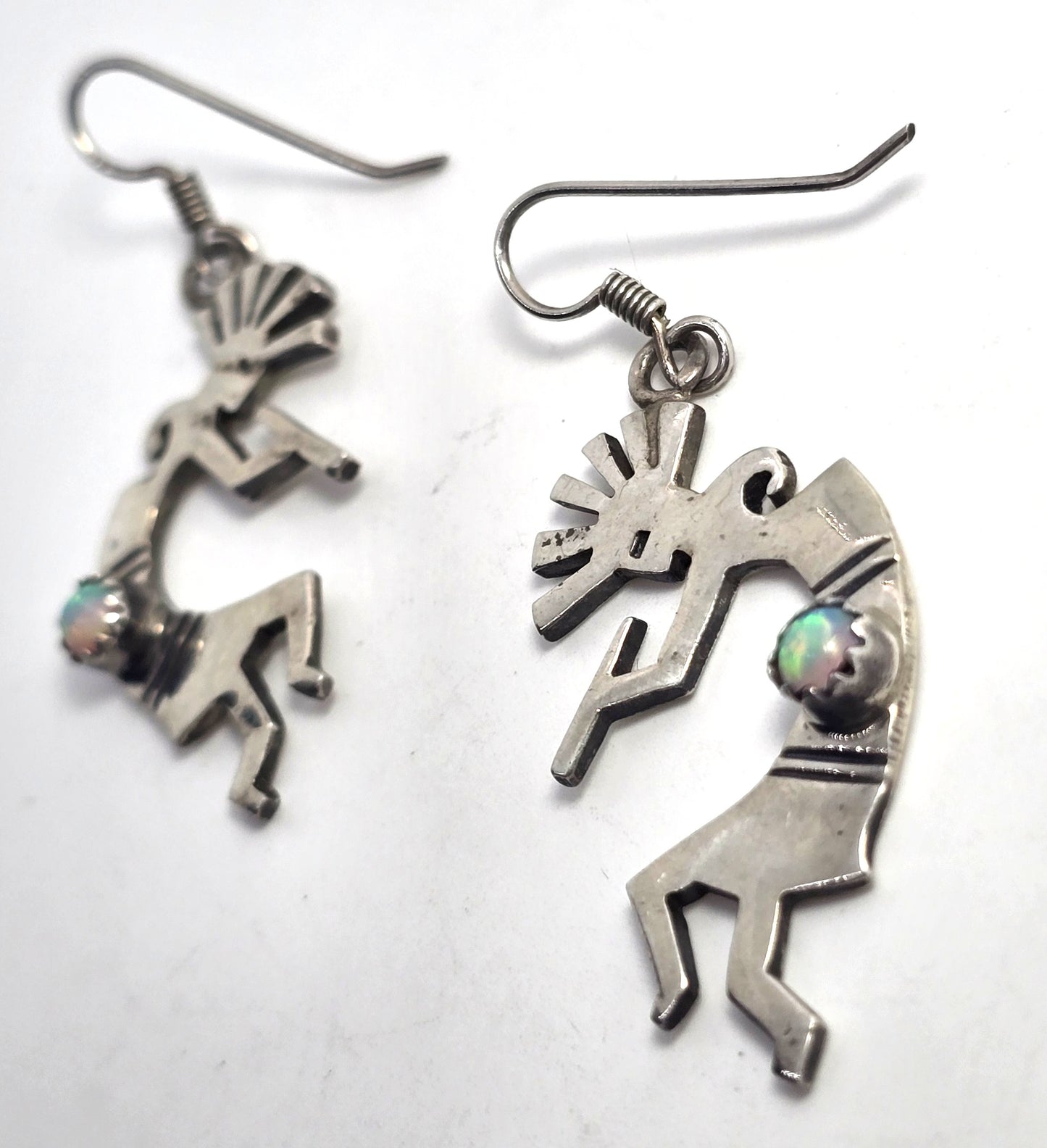 Navajo Kokopelli Vintage Sterling Silver genuine fire opal drop earrings