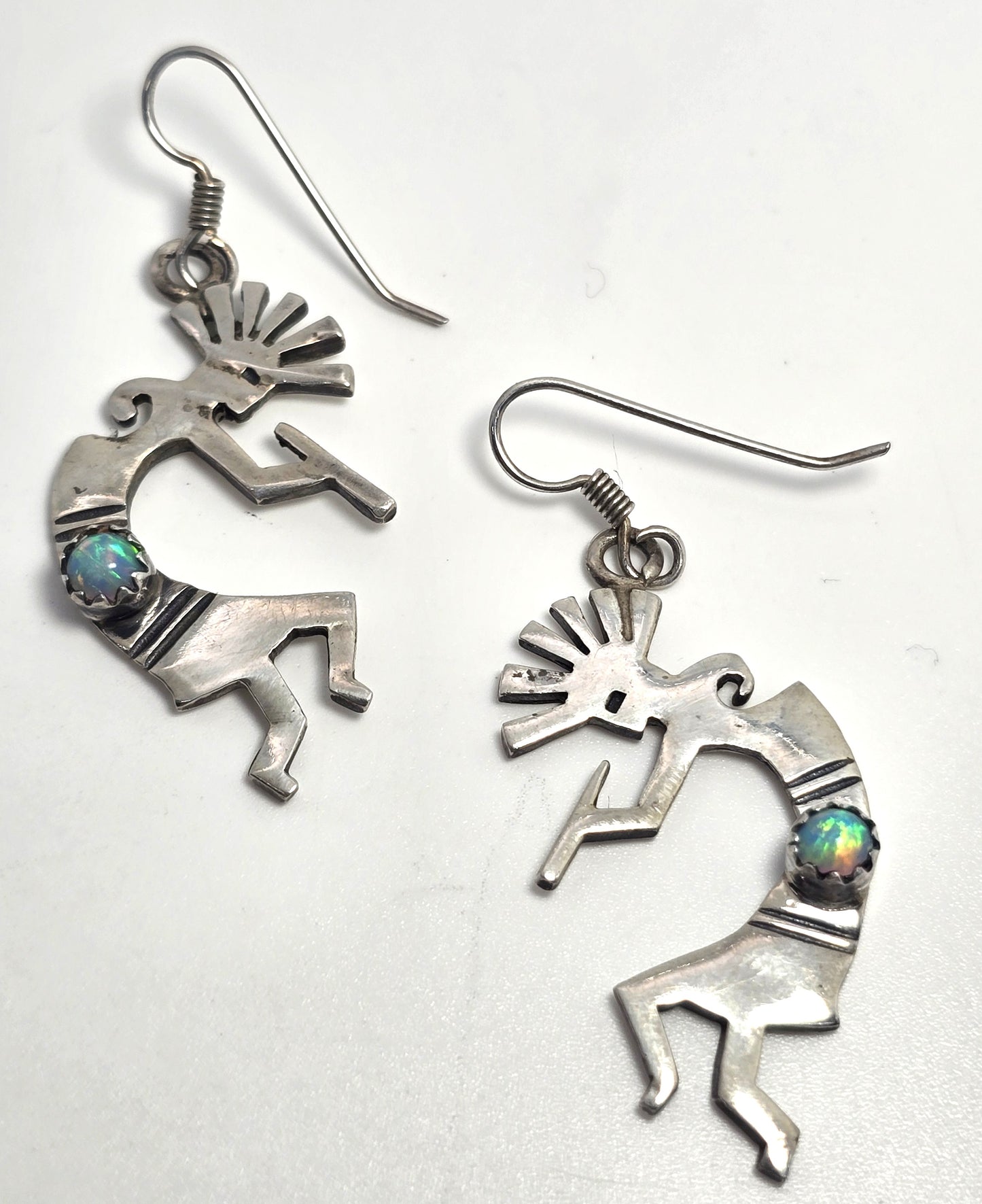 Navajo Kokopelli Vintage Sterling Silver genuine fire opal drop earrings