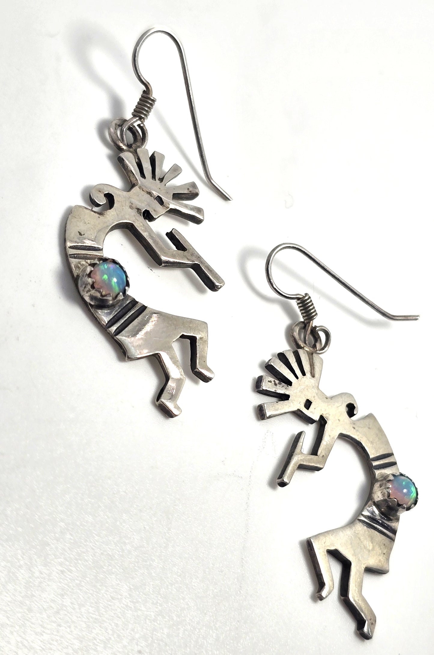 Navajo Kokopelli Vintage Sterling Silver genuine fire opal drop earrings