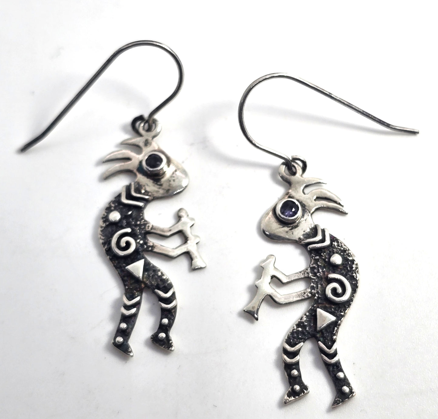 Navajo Kokopelli Lizard Vintage Sterling Silver amethyst drop earrings