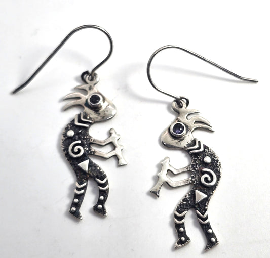Navajo Kokopelli Lizard Vintage Sterling Silver amethyst drop earrings