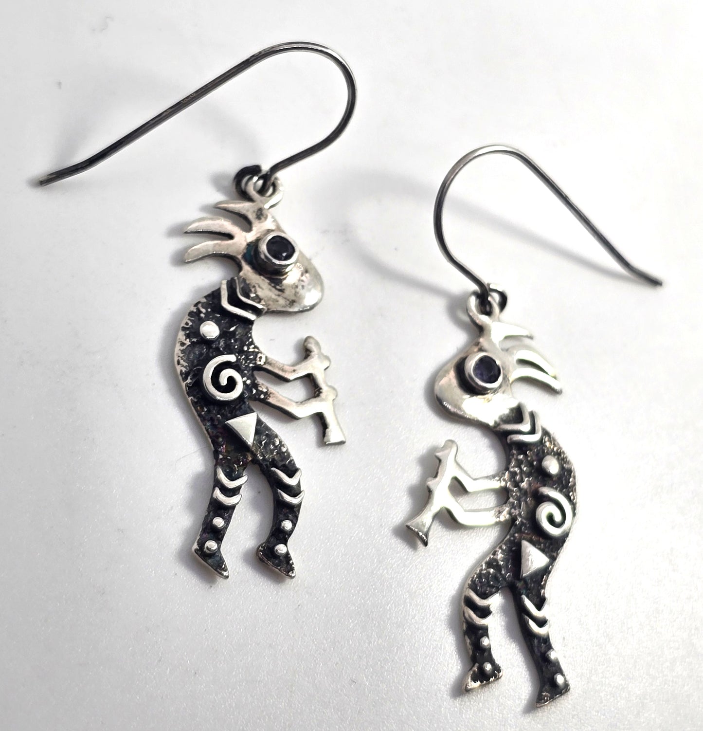 Navajo Kokopelli Lizard Vintage Sterling Silver amethyst drop earrings