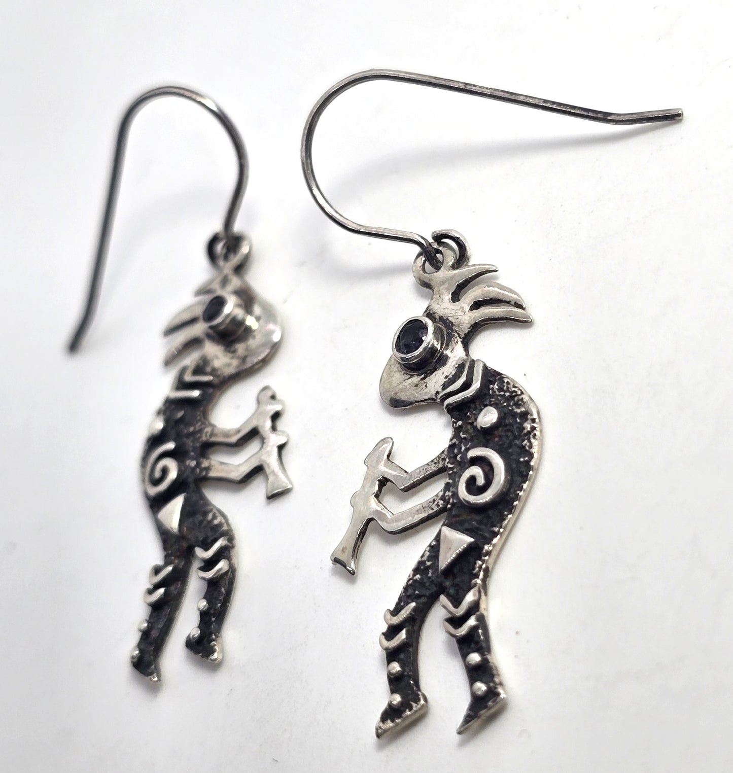 Navajo Kokopelli Lizard Vintage Sterling Silver amethyst drop earrings