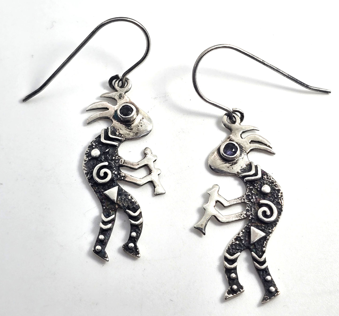 Navajo Kokopelli Lizard Vintage Sterling Silver amethyst drop earrings