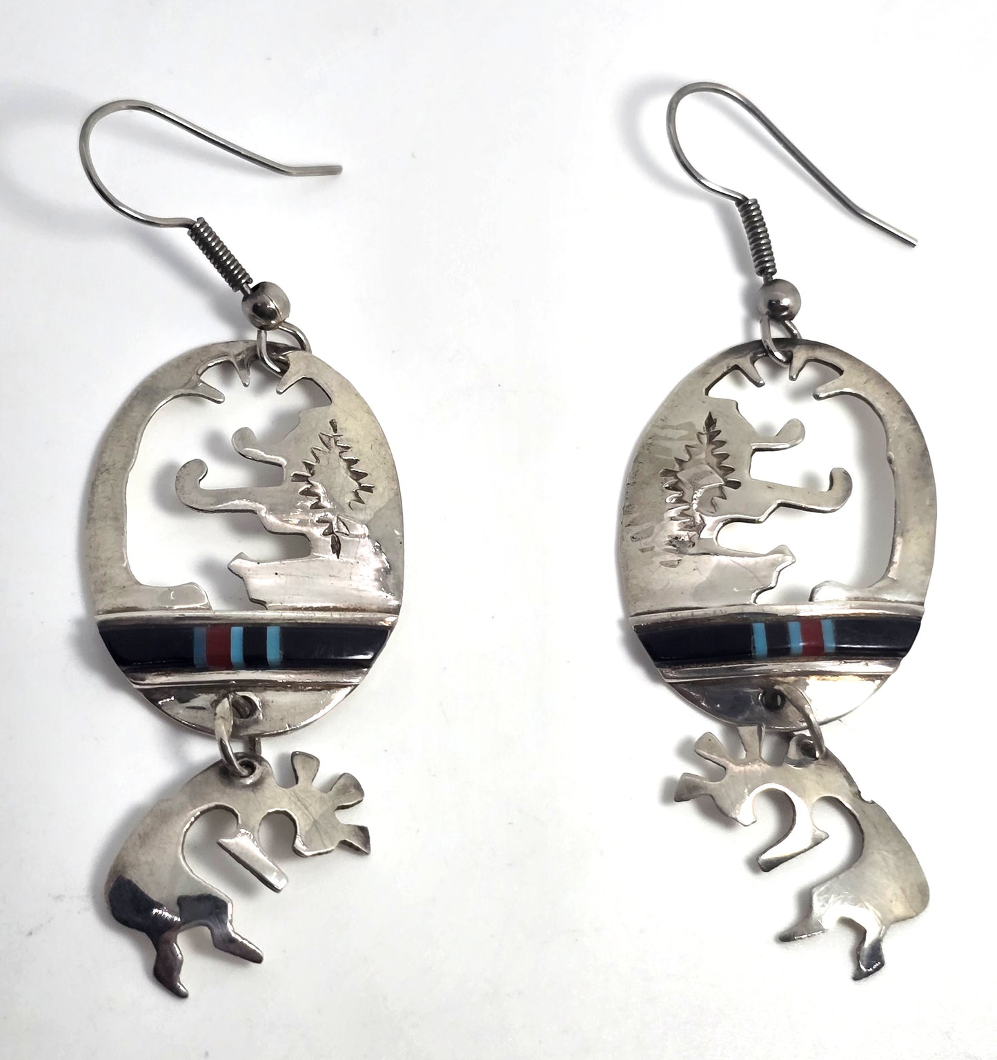 Charlie John Navajo Kokopelli Vintage Sterling Silver multi gemstone inlay earrings