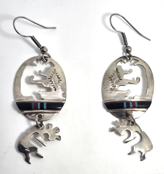 Charlie John Navajo Kokopelli Vintage Sterling Silver multi gemstone inlay earrings