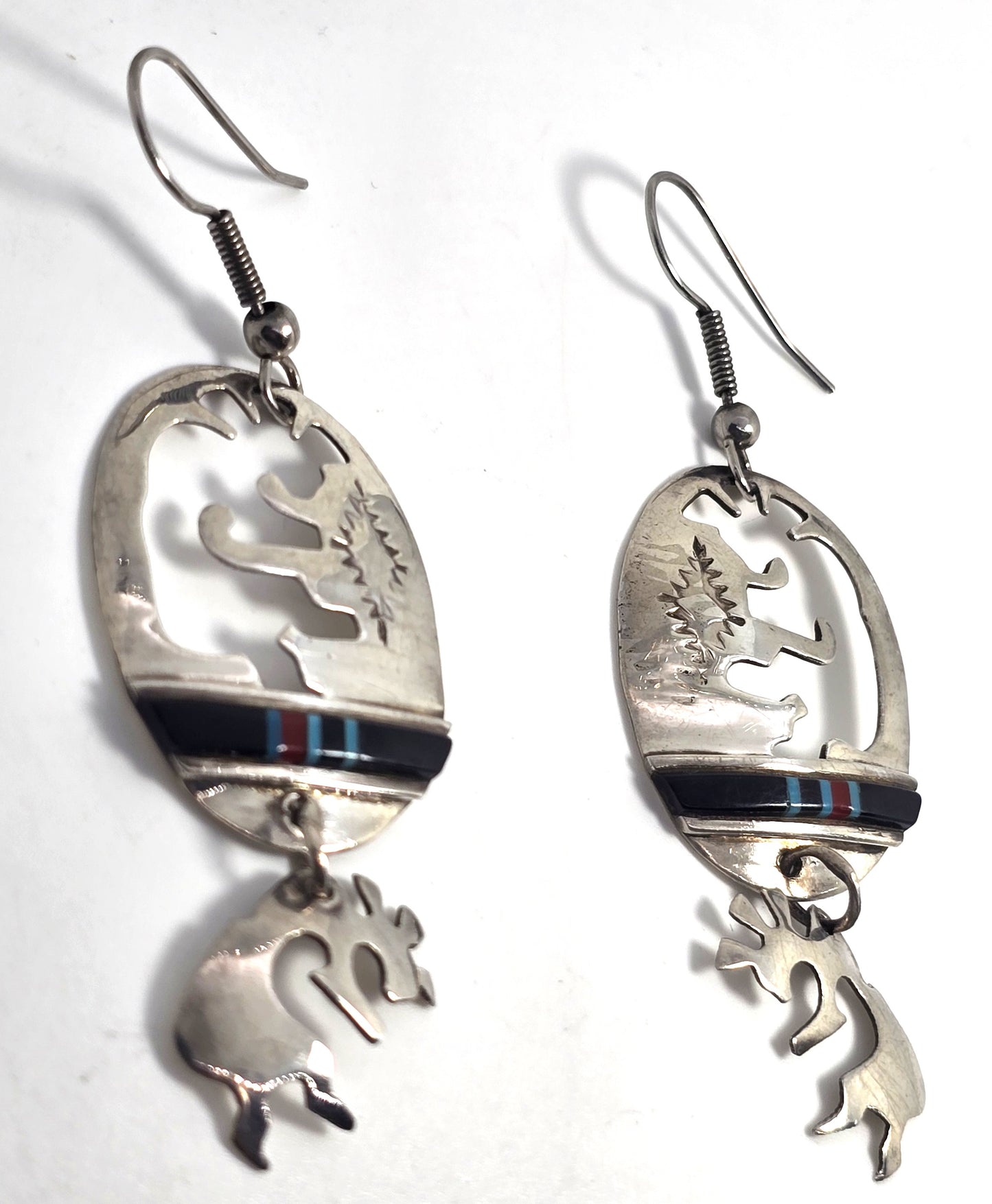 Charlie John Navajo Kokopelli Vintage Sterling Silver multi gemstone inlay earrings