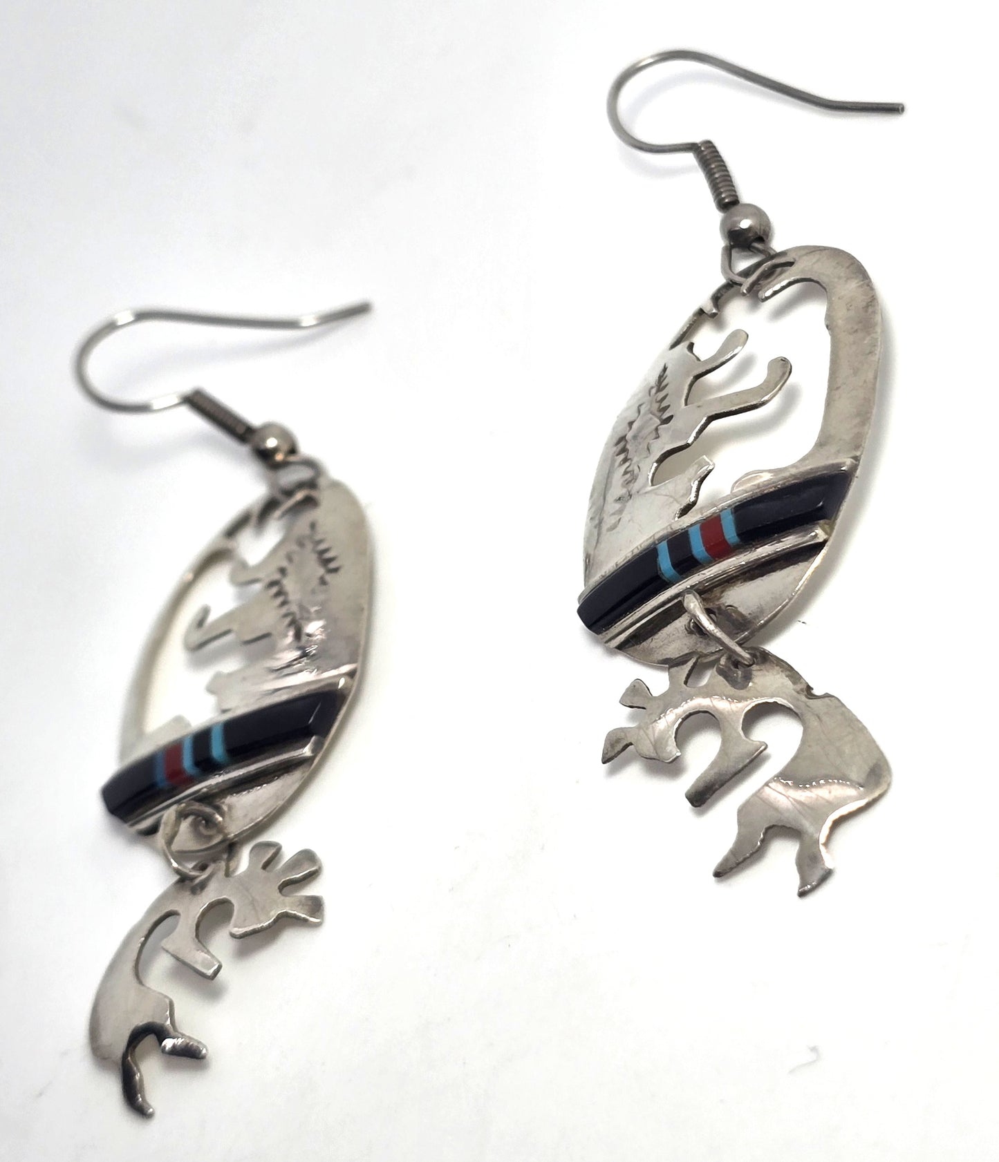 Charlie John Navajo Kokopelli Vintage Sterling Silver multi gemstone inlay earrings