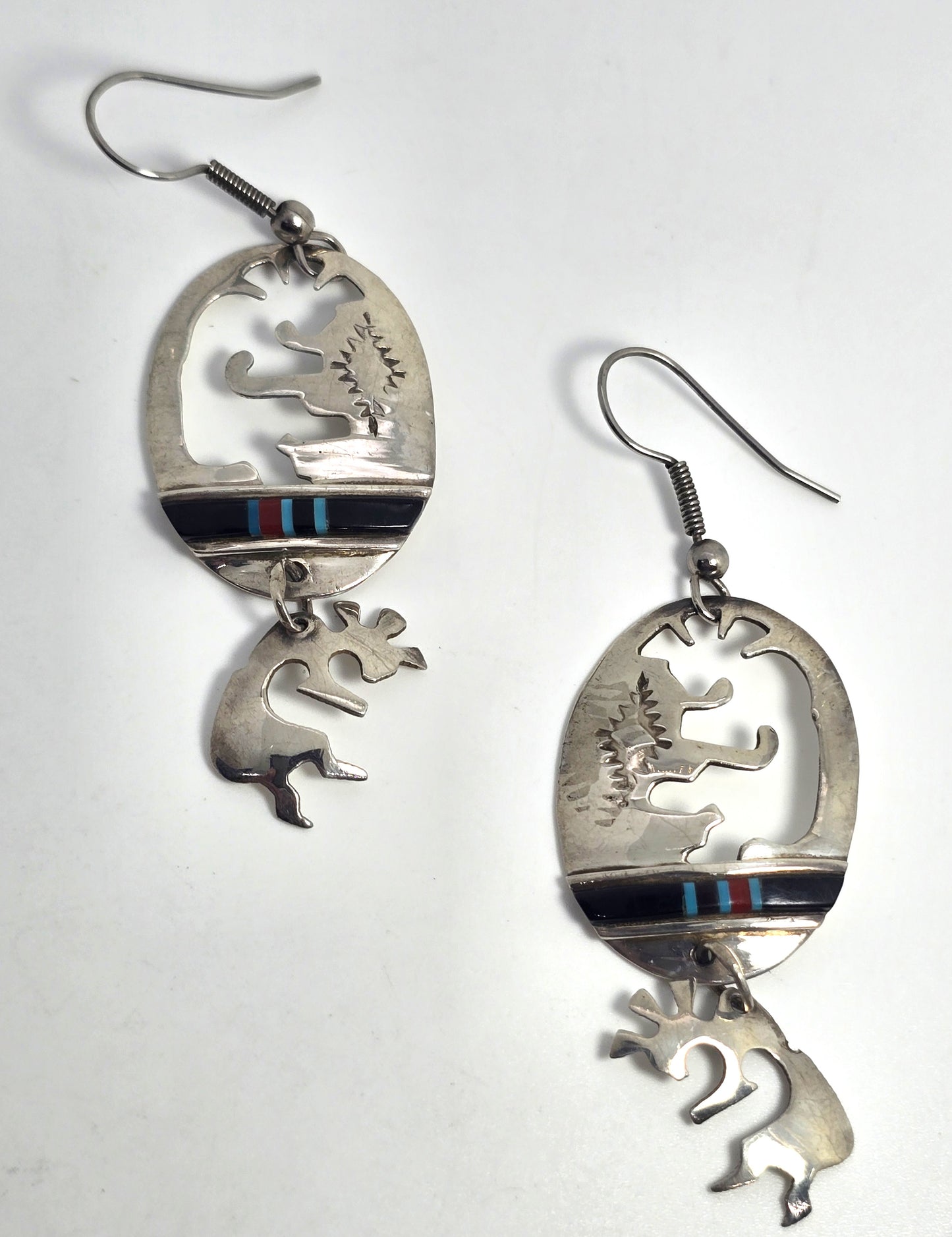 Charlie John Navajo Kokopelli Vintage Sterling Silver multi gemstone inlay earrings