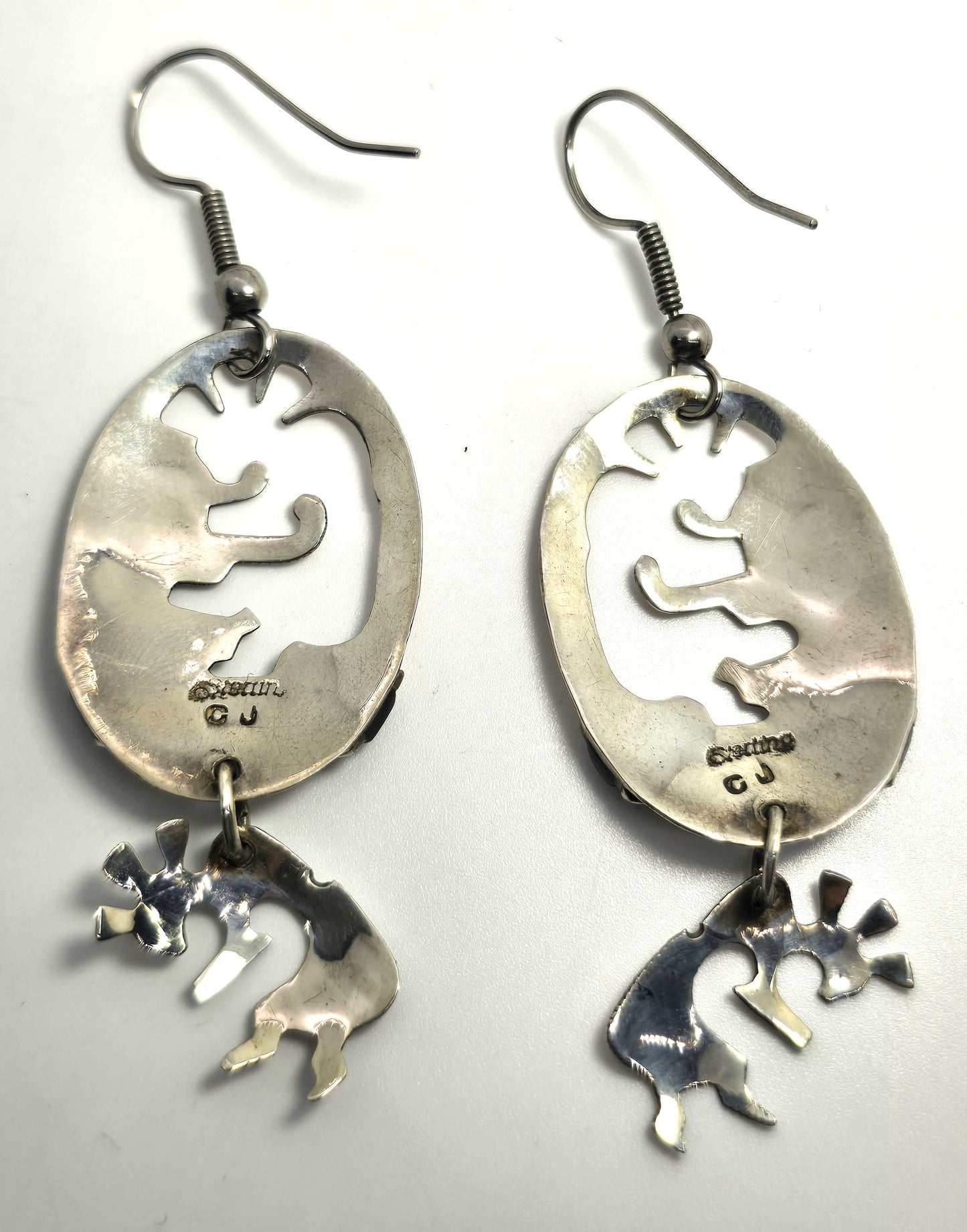 Charlie John Navajo Kokopelli Vintage Sterling Silver multi gemstone inlay earrings