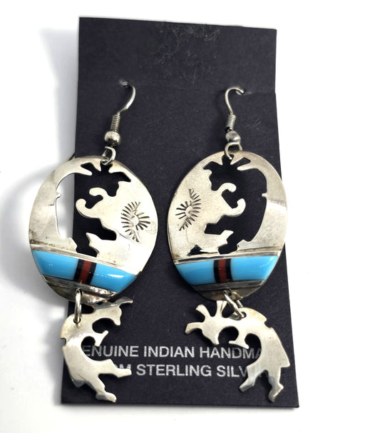 Randy Mahooty Zuni Kokopelli Vintage Sterling Silver multi gemstone inlay earrings
