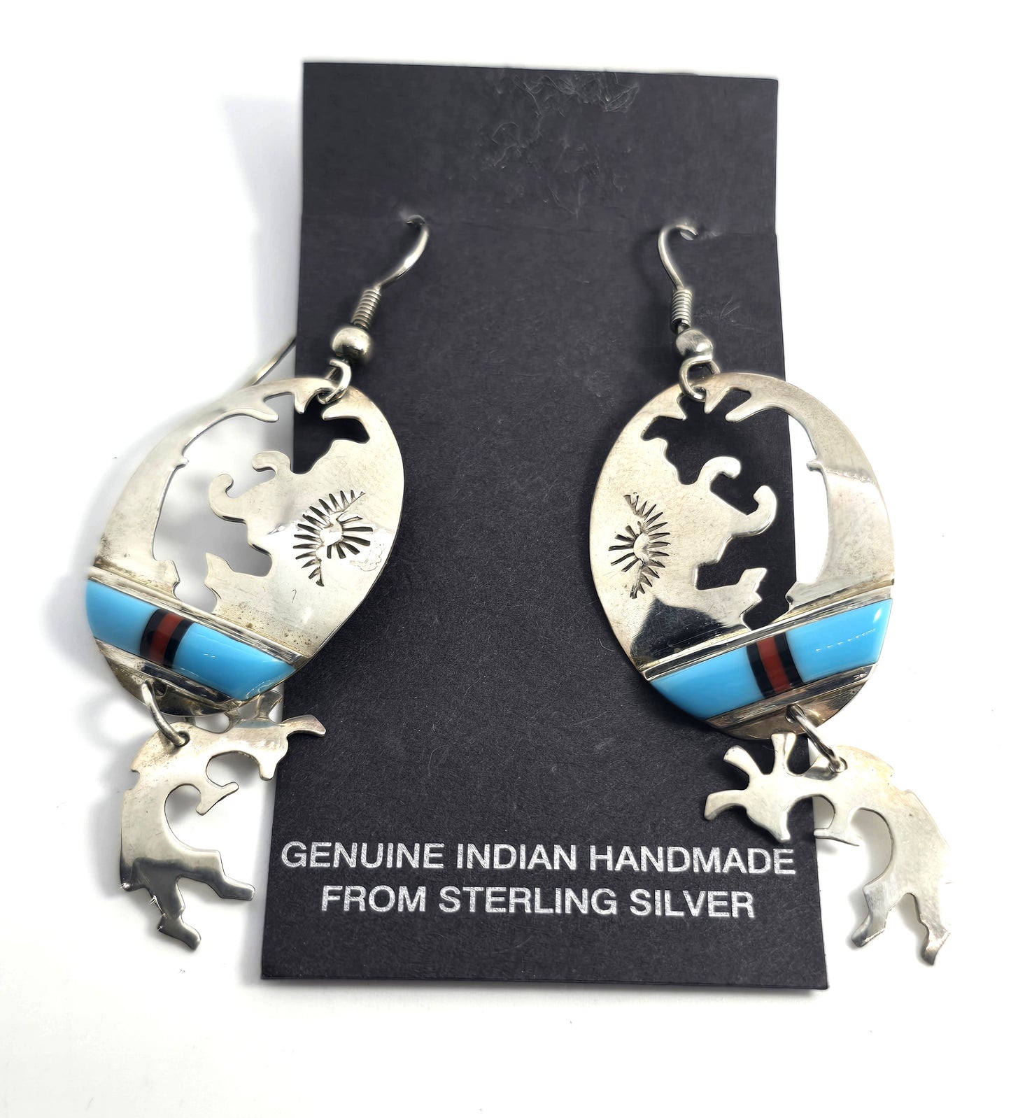 Randy Mahooty Zuni Kokopelli Vintage Sterling Silver multi gemstone inlay earrings