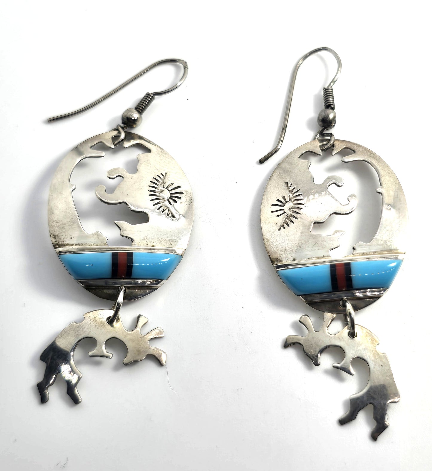 Randy Mahooty Zuni Kokopelli Vintage Sterling Silver multi gemstone inlay earrings