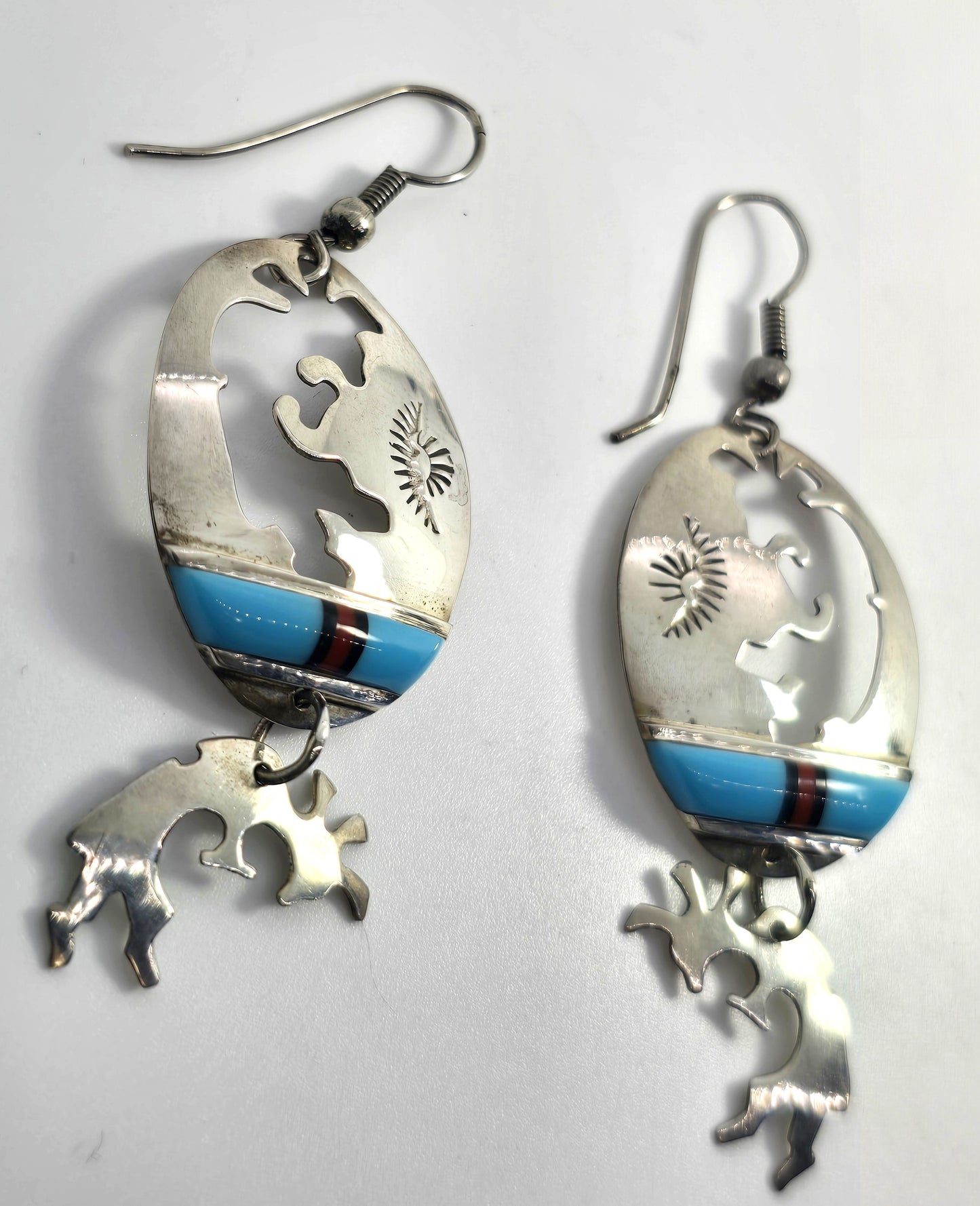 Randy Mahooty Zuni Kokopelli Vintage Sterling Silver multi gemstone inlay earrings