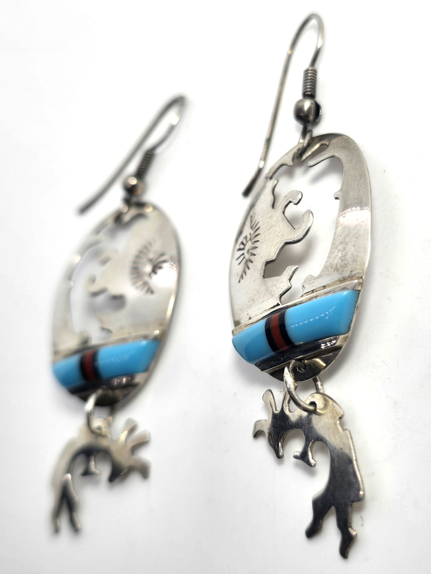Randy Mahooty Zuni Kokopelli Vintage Sterling Silver multi gemstone inlay earrings