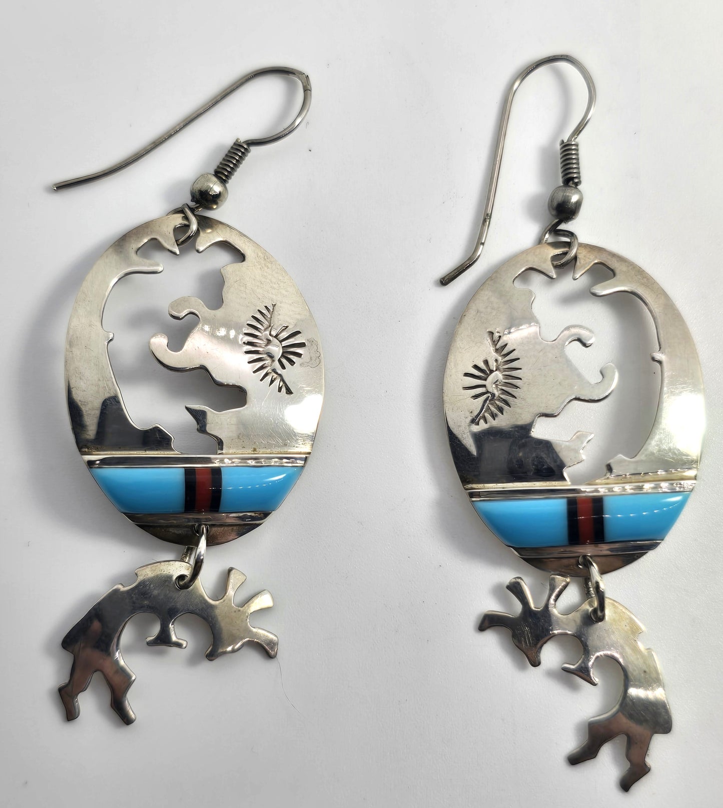 Randy Mahooty Zuni Kokopelli Vintage Sterling Silver multi gemstone inlay earrings