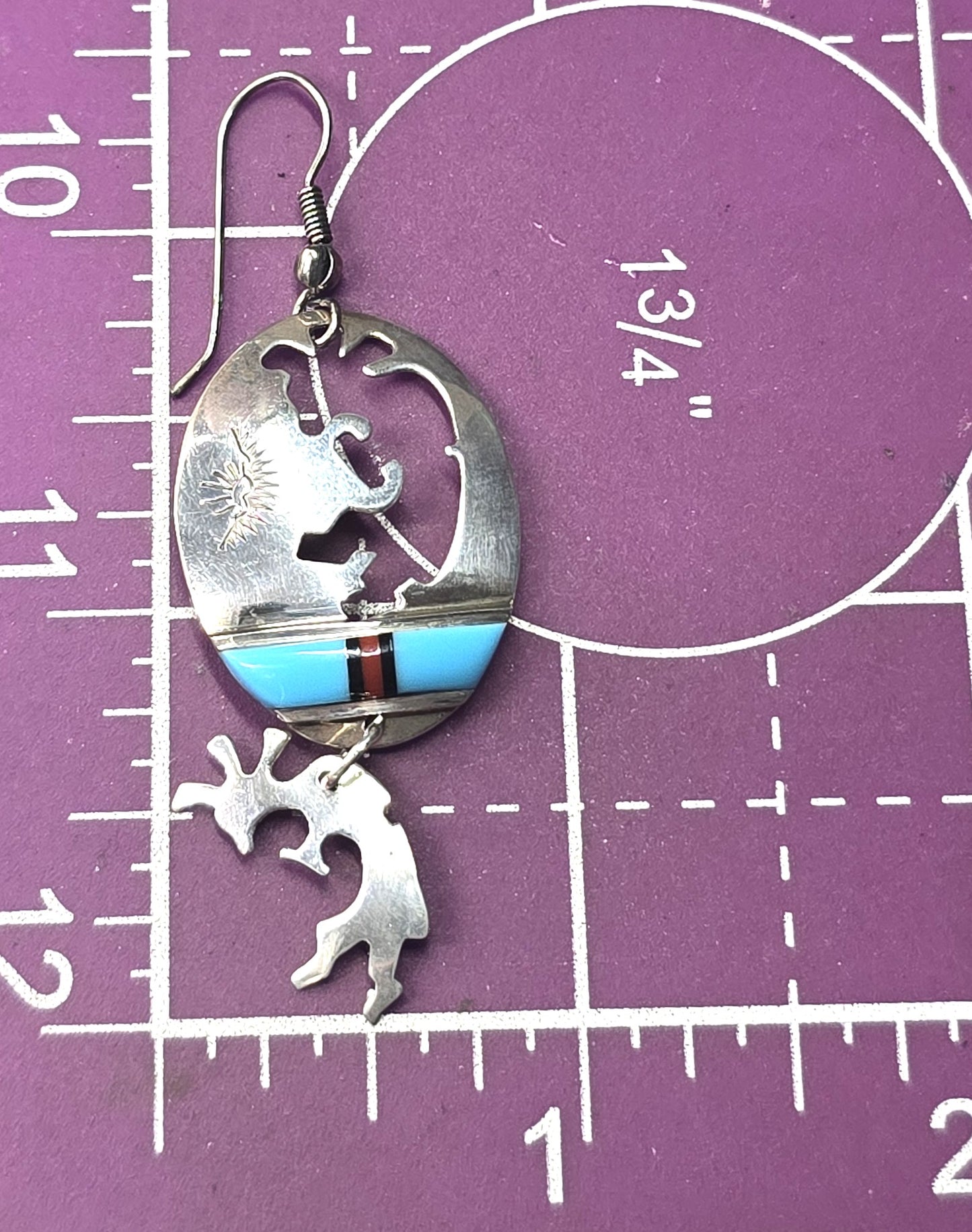 Randy Mahooty Zuni Kokopelli Vintage Sterling Silver multi gemstone inlay earrings