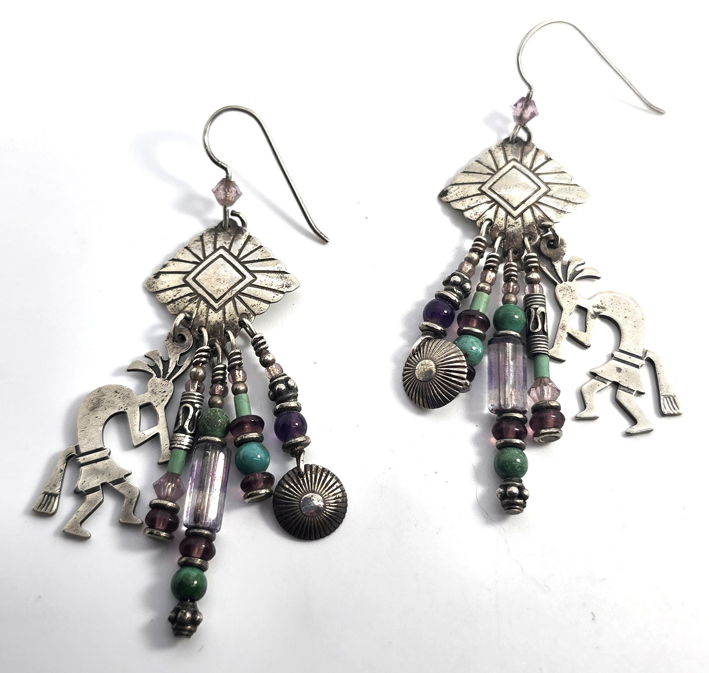 Navajo TK Emerson Kokopelli Vintage Sterling Silver multi gemstone earrings