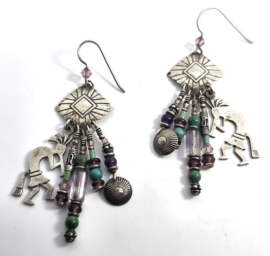 Navajo TK Emerson Kokopelli Vintage Sterling Silver multi gemstone earrings