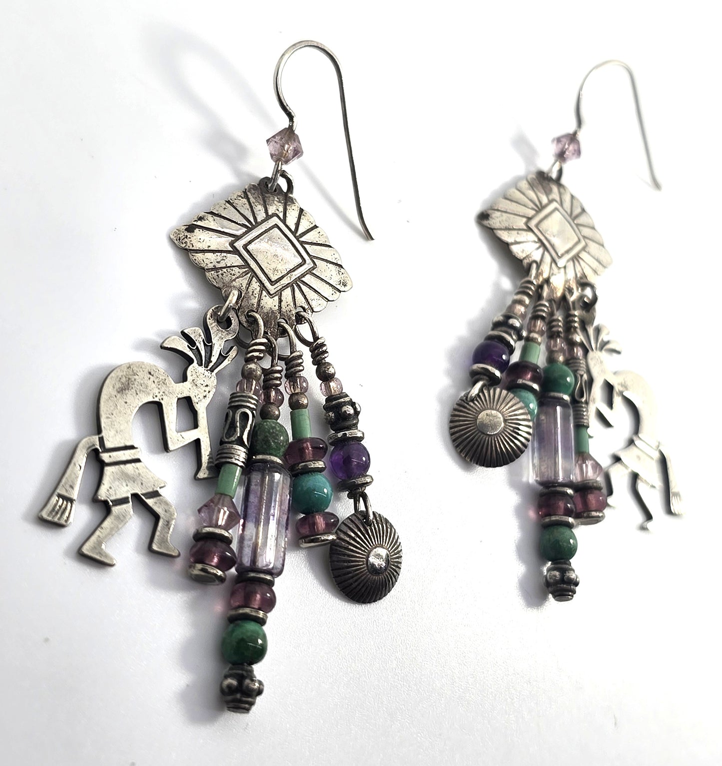 Navajo TK Emerson Kokopelli Vintage Sterling Silver multi gemstone earrings
