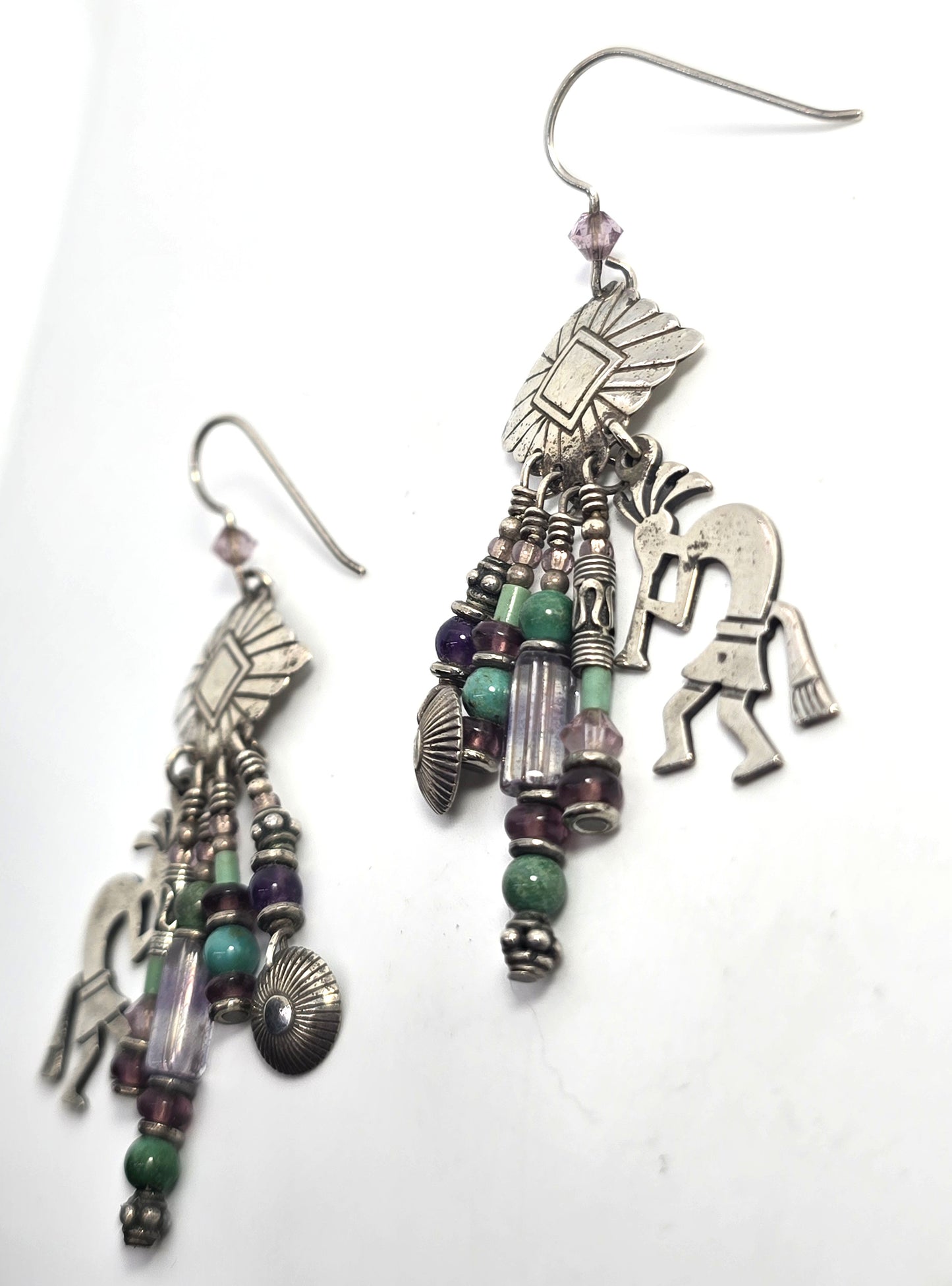 Navajo TK Emerson Kokopelli Vintage Sterling Silver multi gemstone earrings