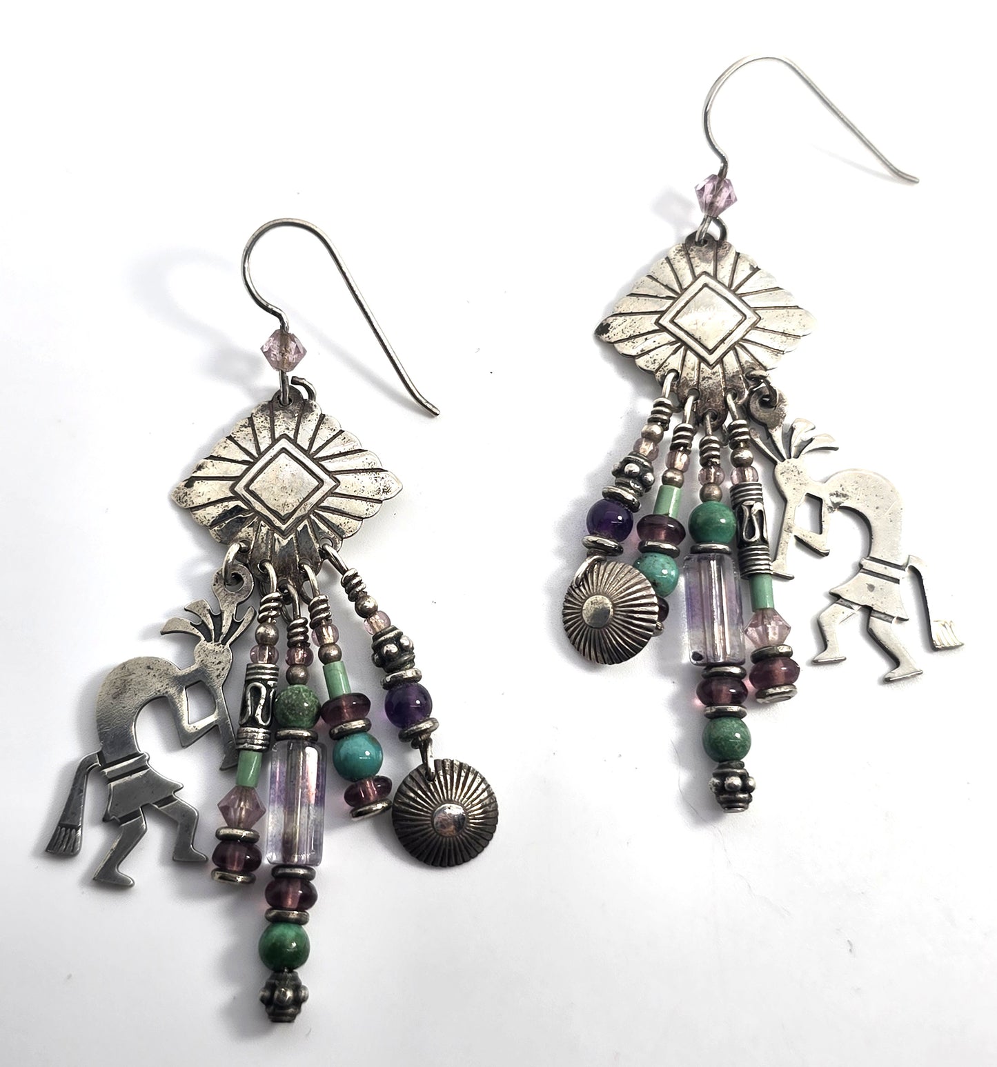 Navajo TK Emerson Kokopelli Vintage Sterling Silver multi gemstone earrings