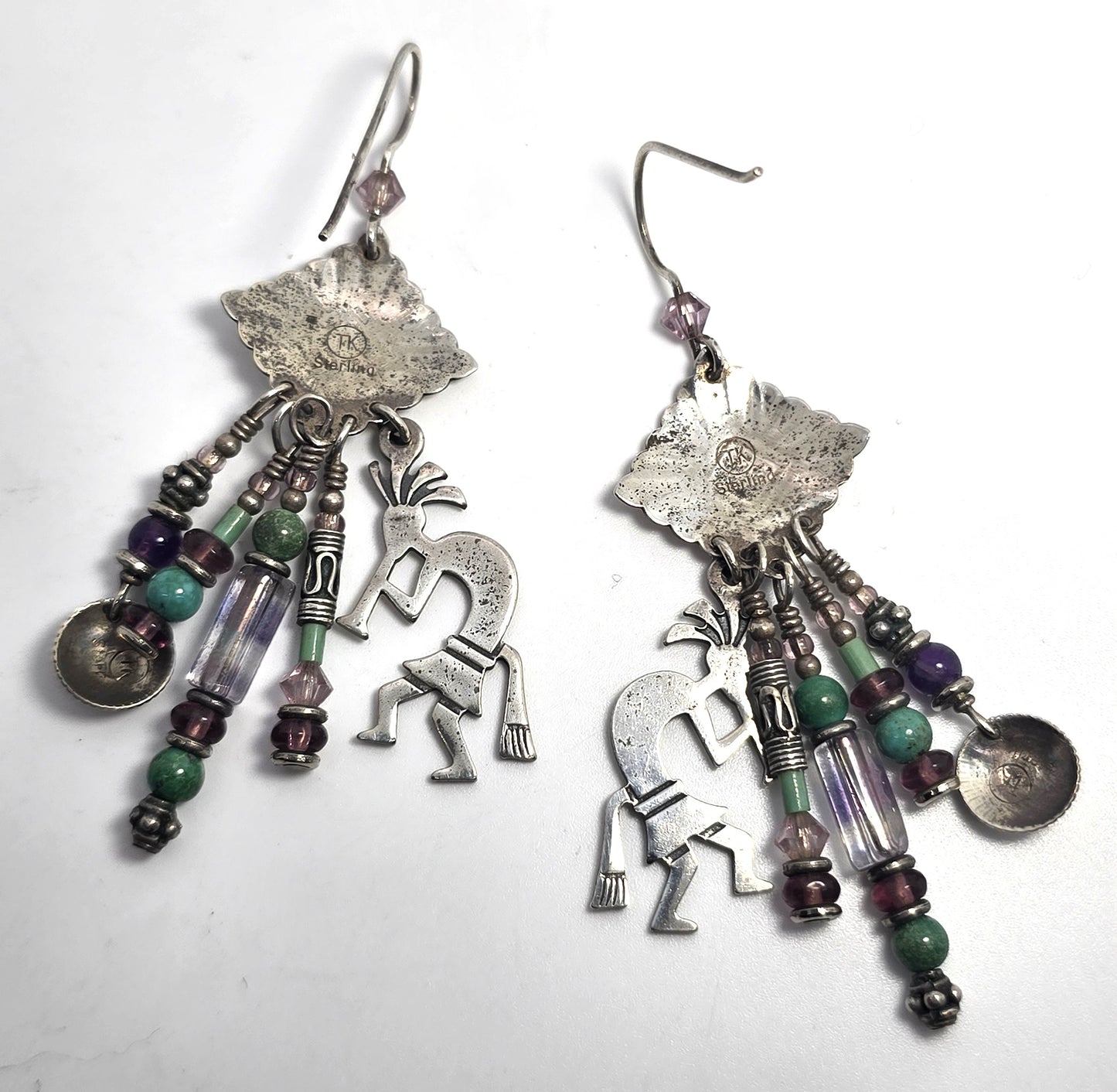 Navajo TK Emerson Kokopelli Vintage Sterling Silver multi gemstone earrings