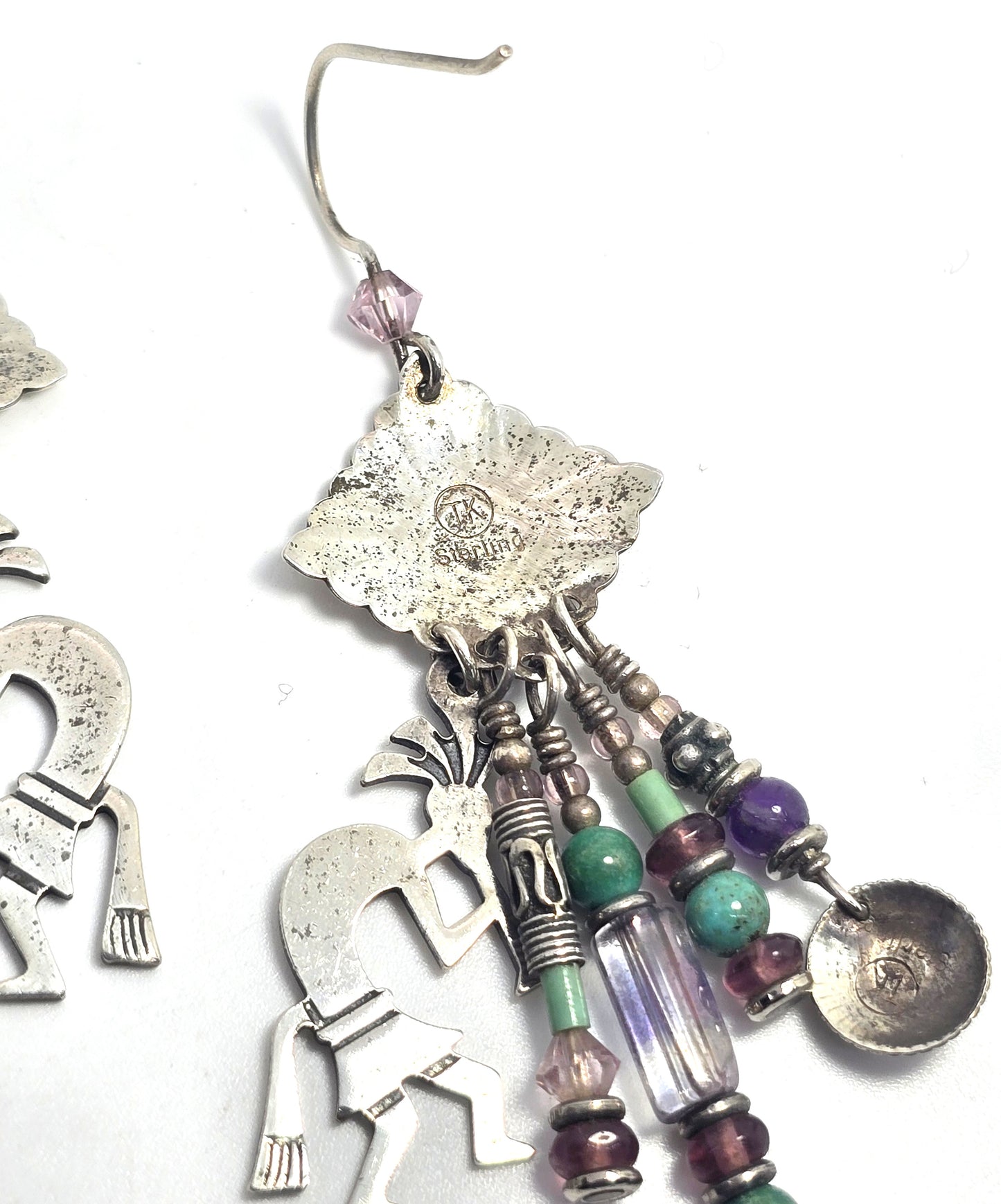 Navajo TK Emerson Kokopelli Vintage Sterling Silver multi gemstone earrings