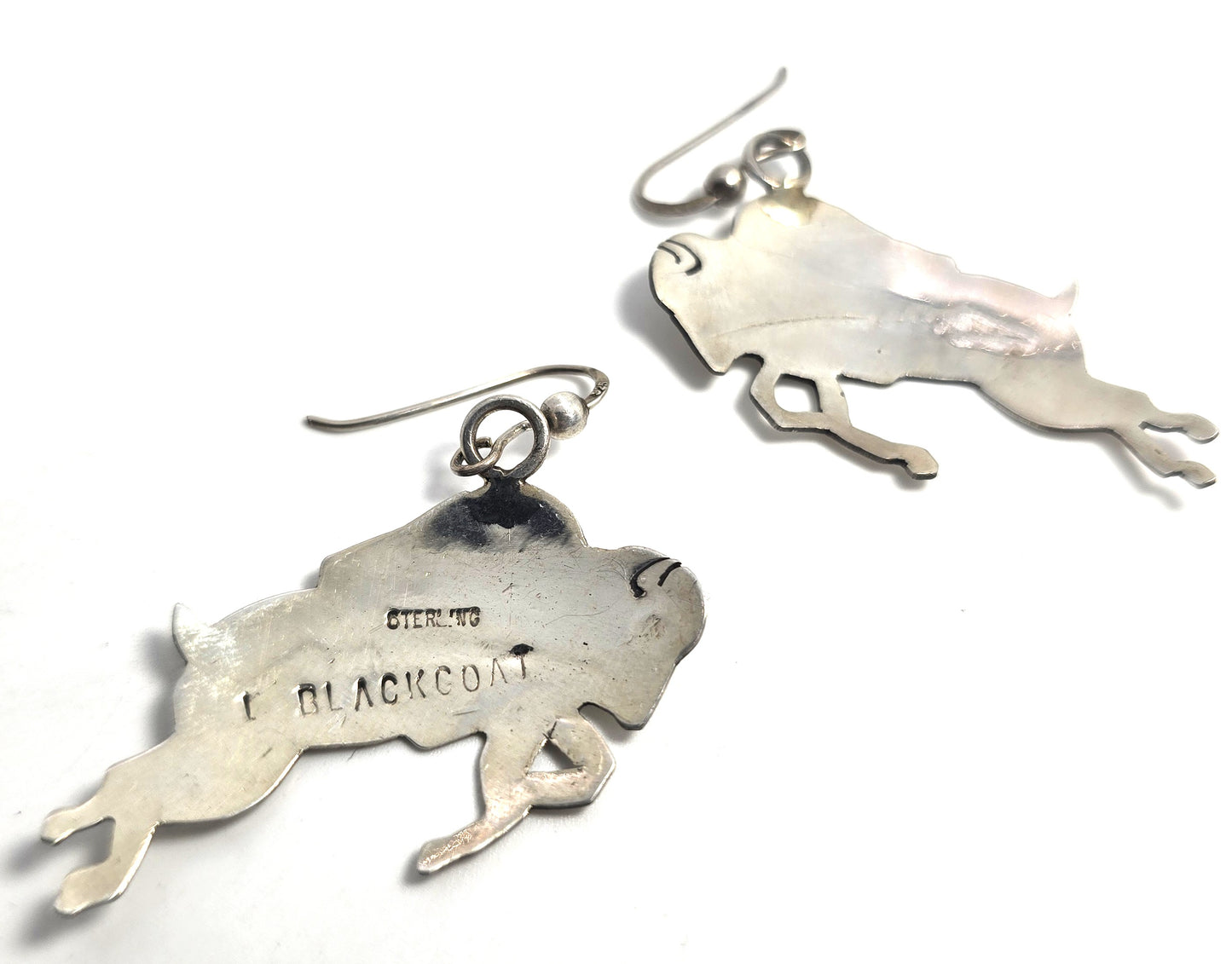 Larson & Bertha Blackgoat Navajo Jumping Buffalo Bison sterling silver earrings