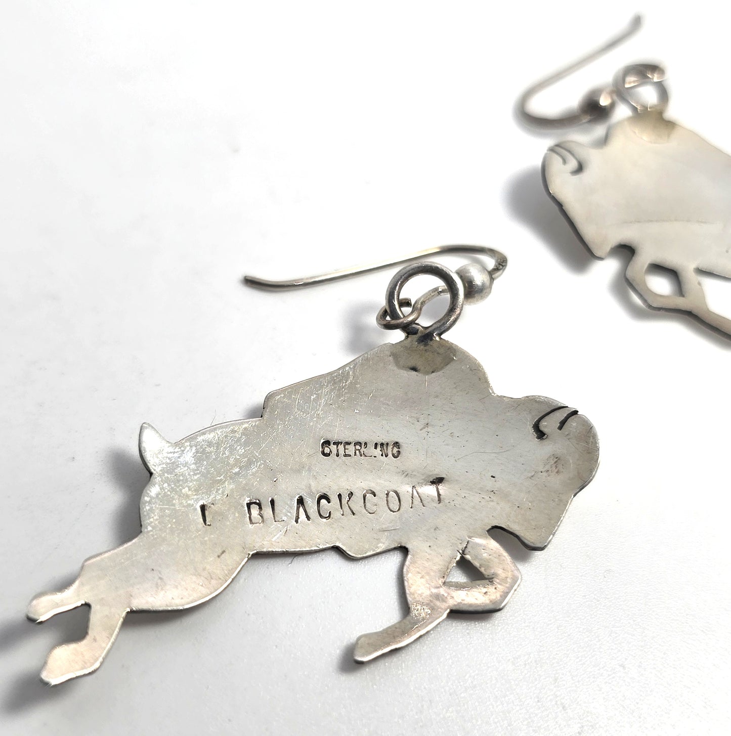Larson & Bertha Blackgoat Navajo Jumping Buffalo Bison sterling silver earrings