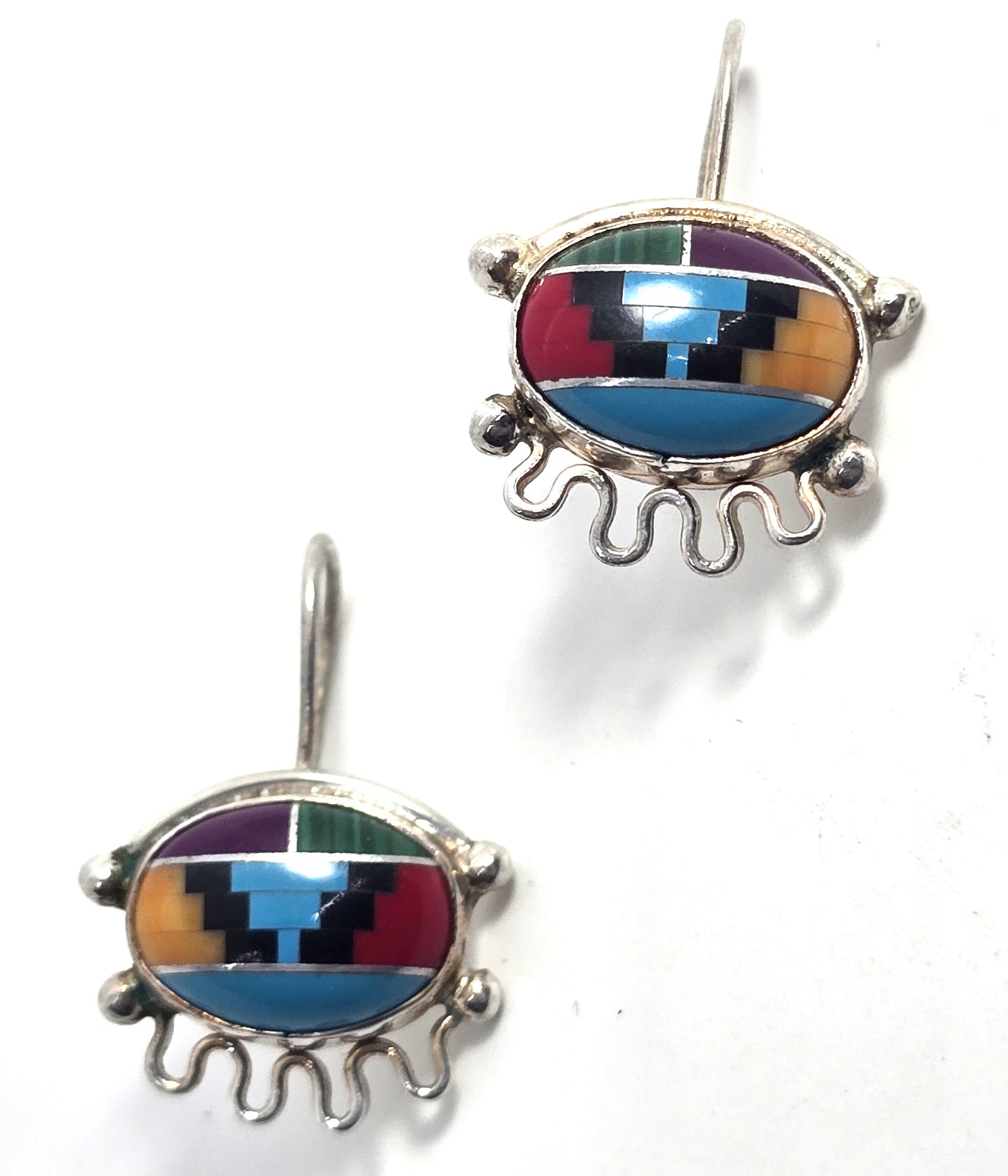 Southwestern multi gemstone eye inlay sterling silver vintage large earrings