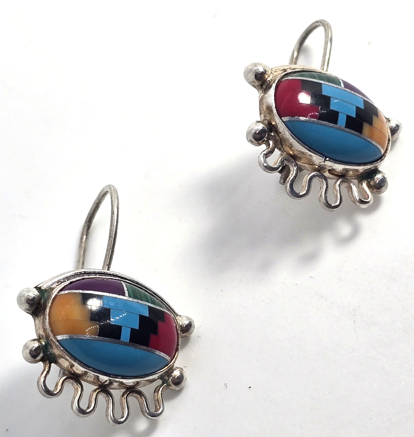 Southwestern multi gemstone eye inlay sterling silver vintage large earrings